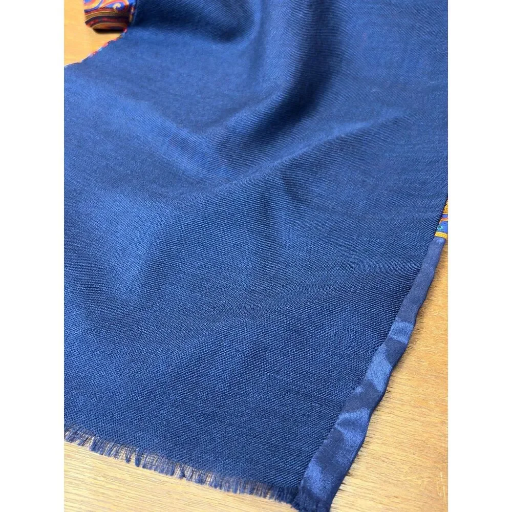 80s Vintage Bill Blass Navy + Orange Patterned 100% Silk + Wool Rectangle Scarf